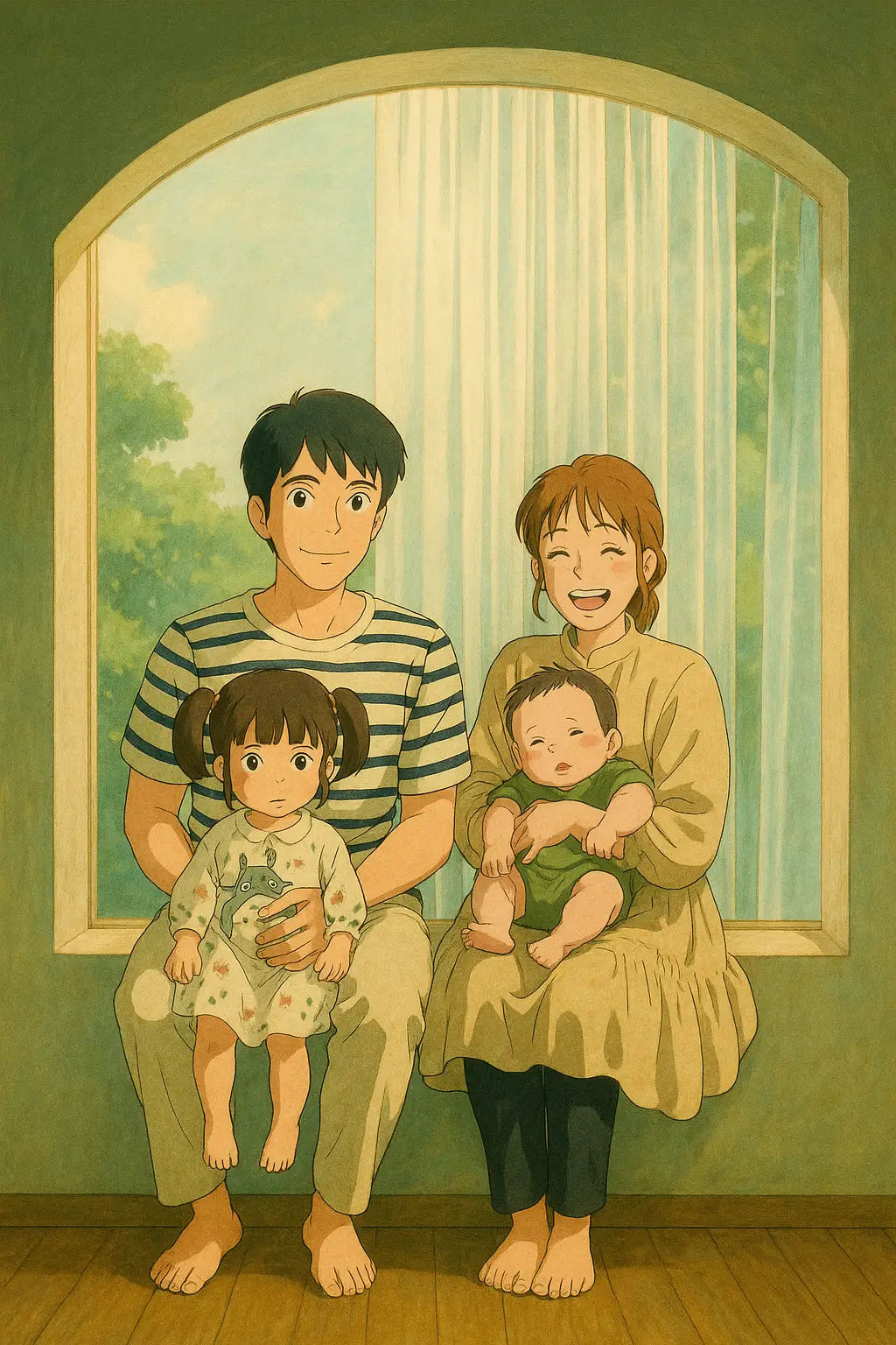 소보로 family의 따뜻한 가족 일러스트 - 아빠, 엄마, 딸, 아기가 함께 있는 평화로운 분위기