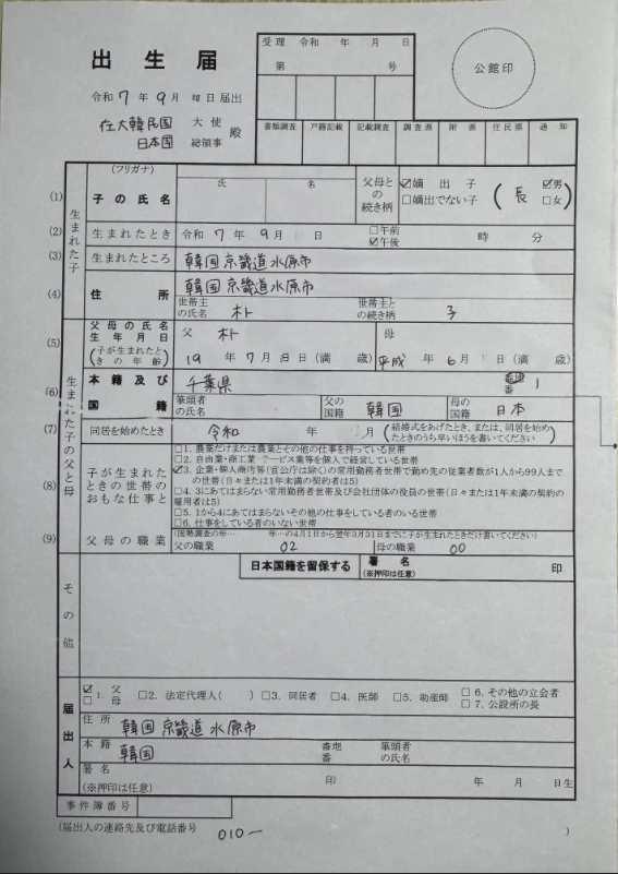 출생신고서 예시