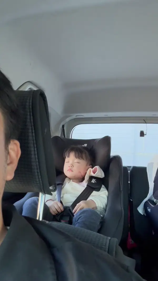 Joieのチャイルドシートに座って車内で眠る子どもの様子