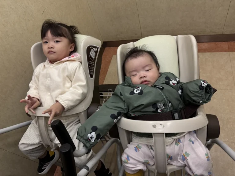 일본 나리타 이온몰 소요라 쇼핑몰 유아용 카트에 앉아 있는 두 아이