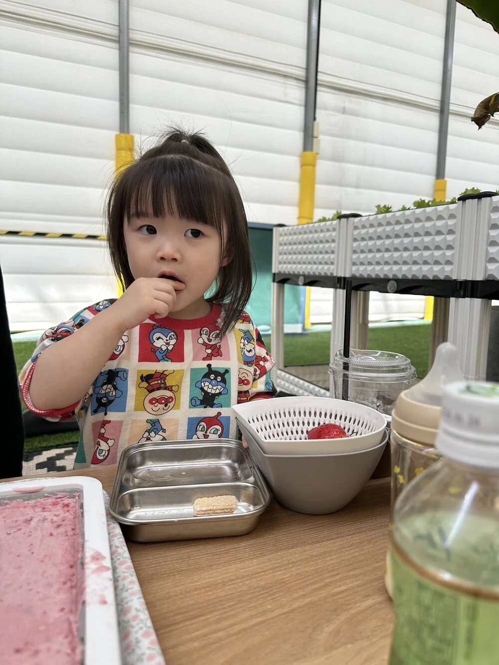 いちごアイスのトッピング用お菓子を先に食べてしまった子ども